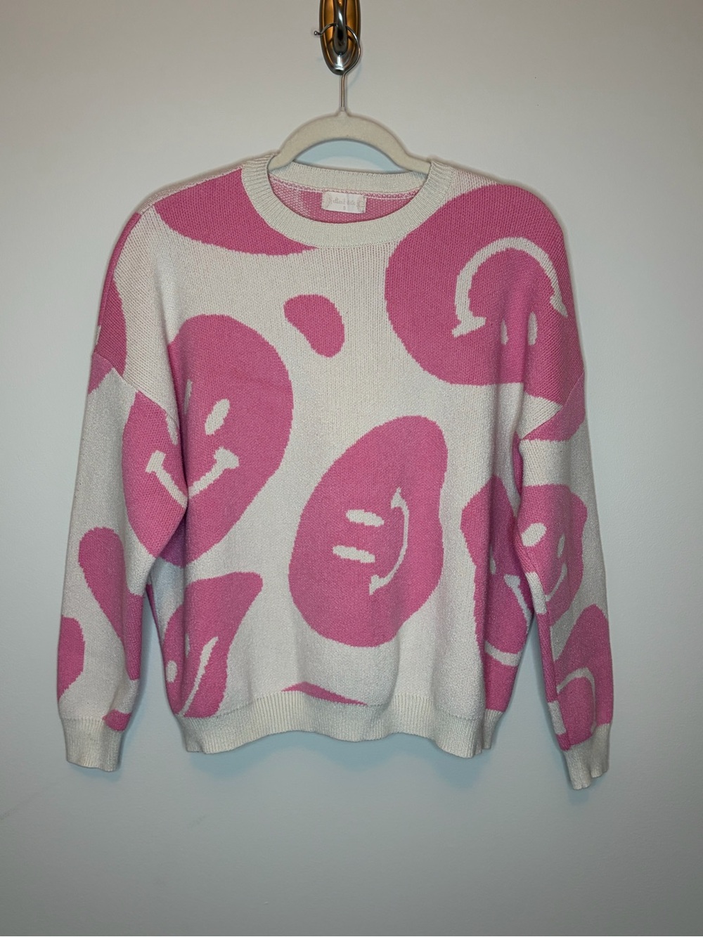 Altar’d State Pink & White Smiley Face Knit Sweater Small